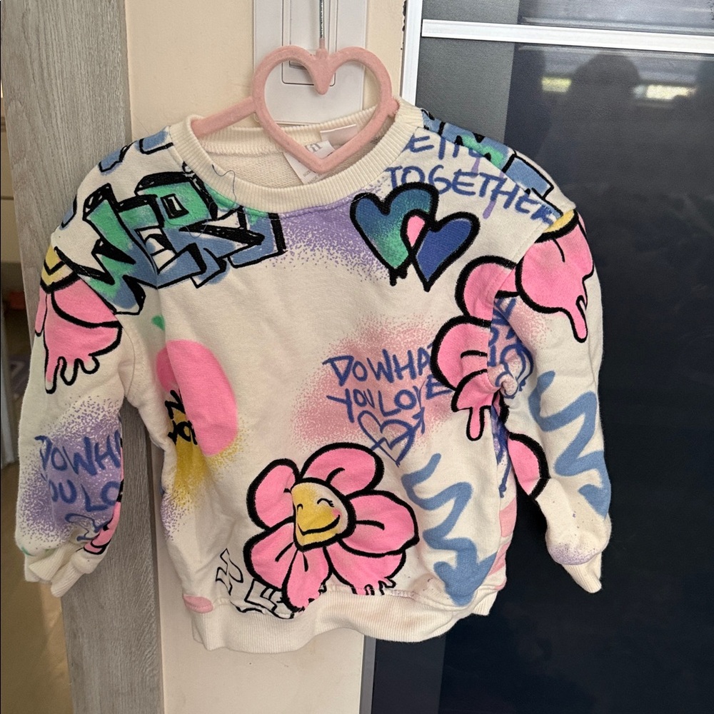 Zara Cream Sweatshirt with Pink & Blue Graffiti Florals size 2-3